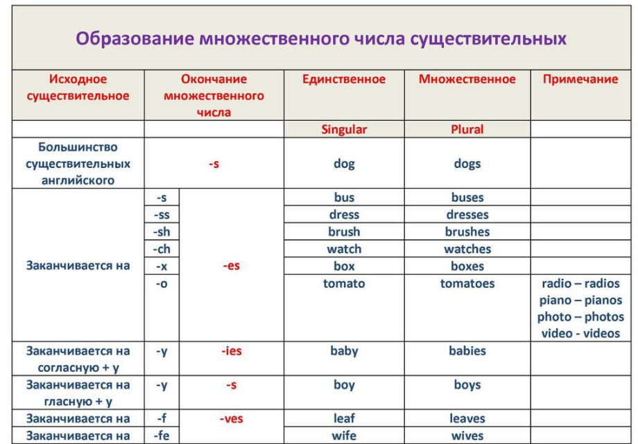 образование множественного числа существительных